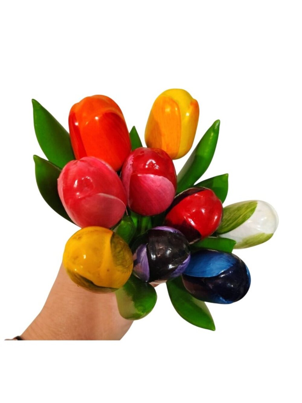 9 Handmade Wooden Tulips, Holland Dutch, Multicolor Flowers Handpainted, 8"
